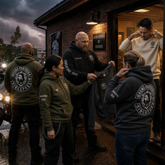 Chapter members receive coordinated olive, charcoal and sand motorcycle club hoodies in mixed styles and sizes.
