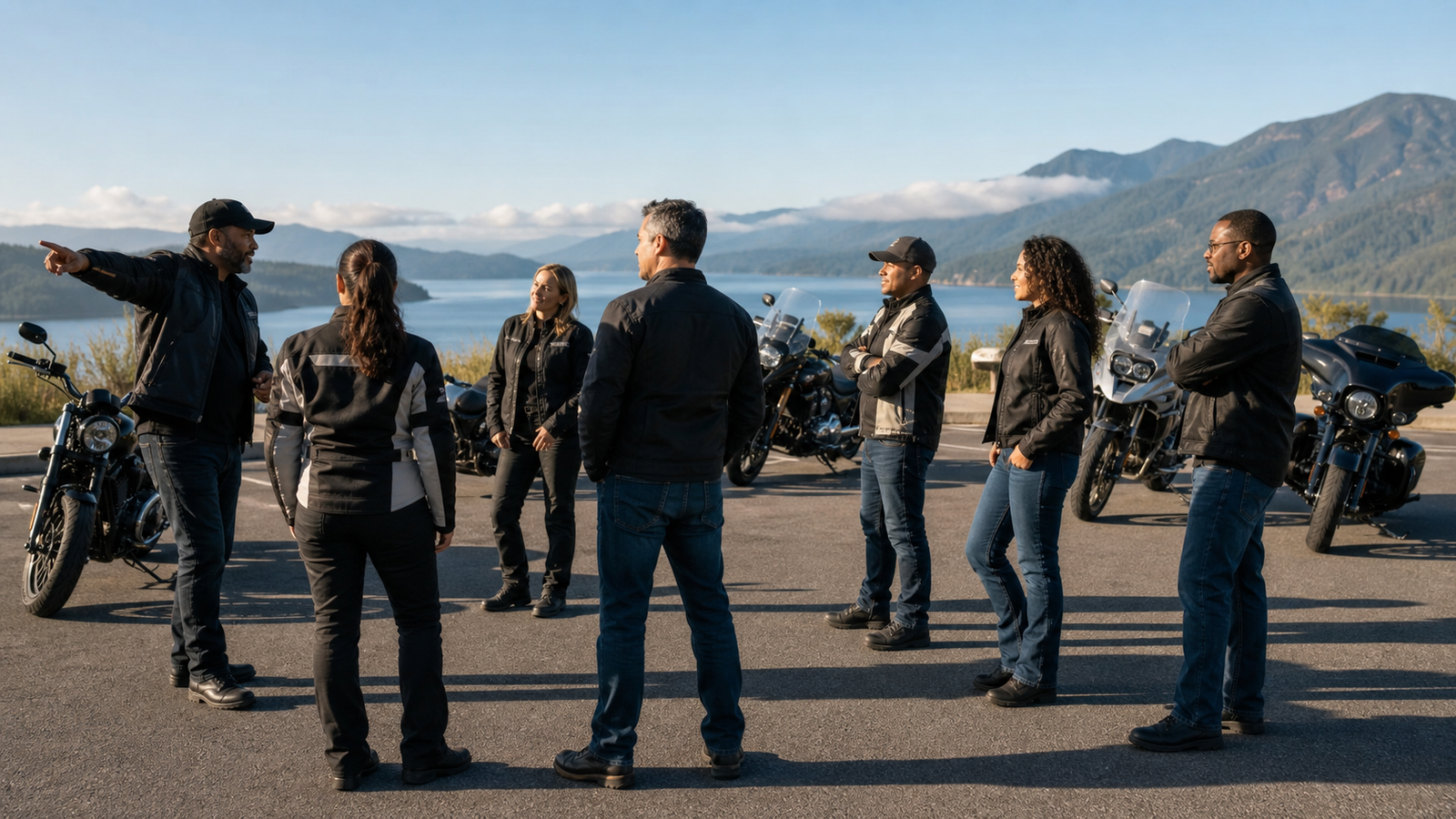 Motorcycle riders holding a small-pod pre-ride briefing in a legal parking area