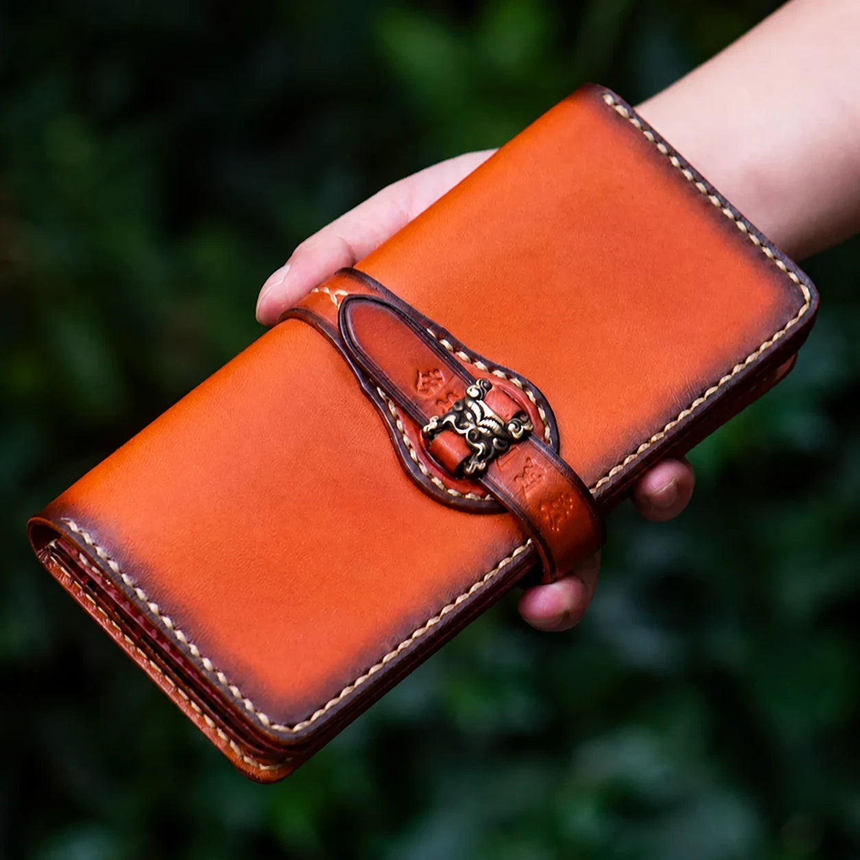 vintage brown top-grain leather biker wallet with brass guardian-lion clasp