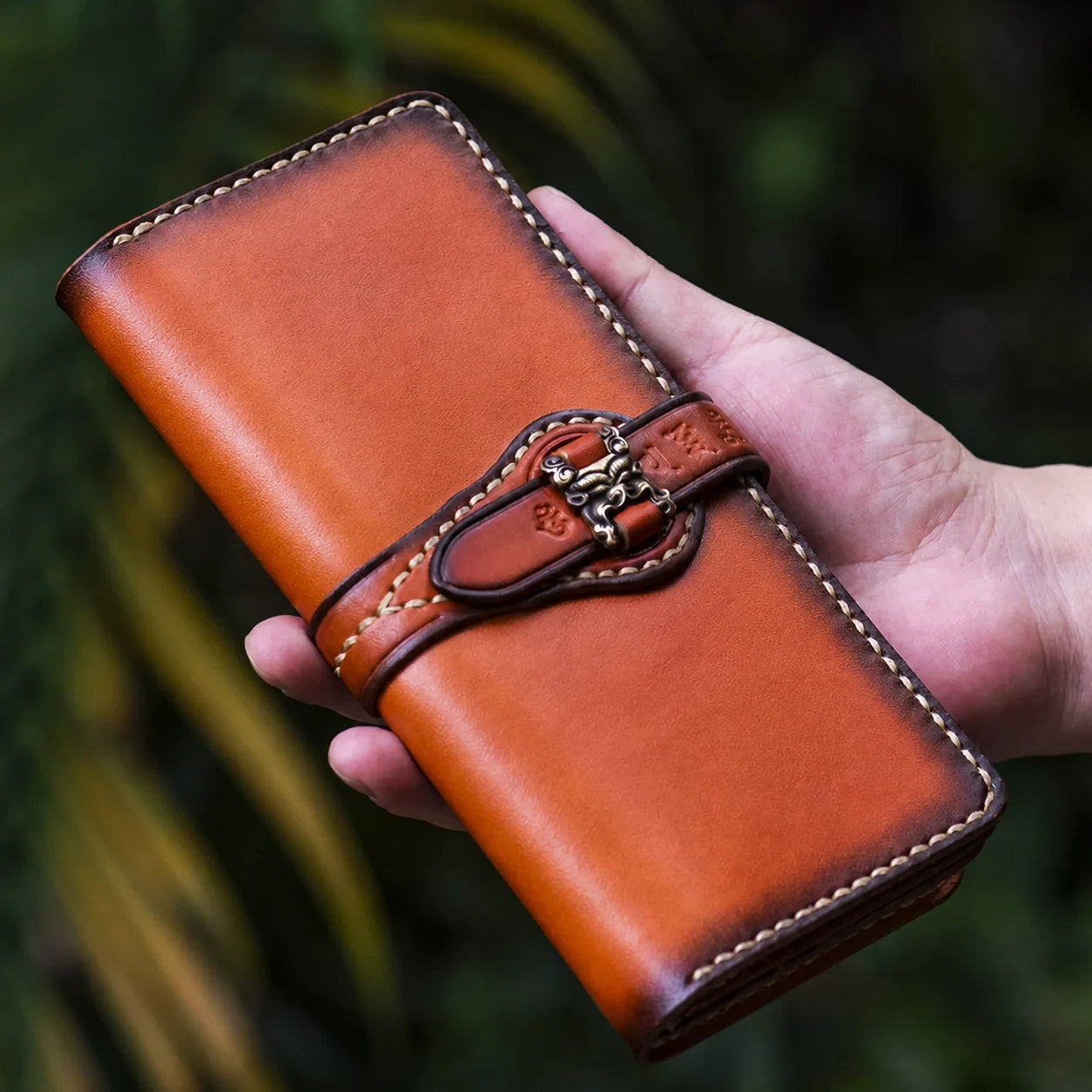 front view of vintage brown handcrafted leather biker wallet