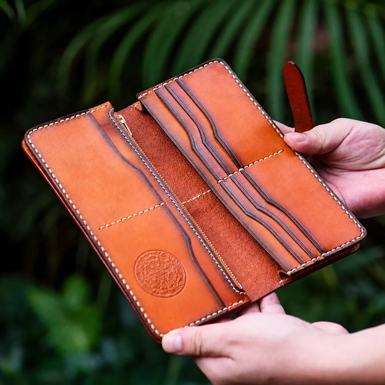 open vintage brown long wallet with organized card slots