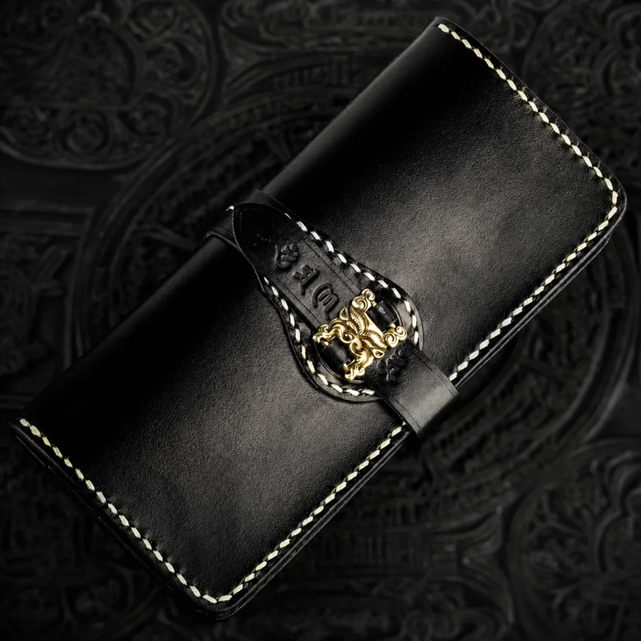 classic black top-grain leather biker wallet with brass clasp