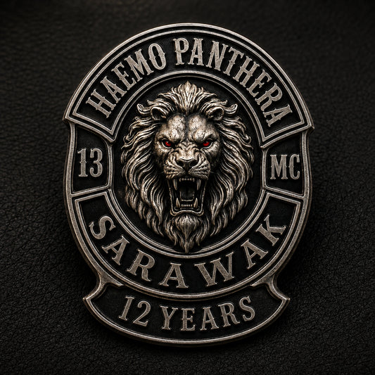 Refined Haemo Panthera Sarawak motorcycle club anniversary pin with integrated 12 years base and sculpted metal lion.