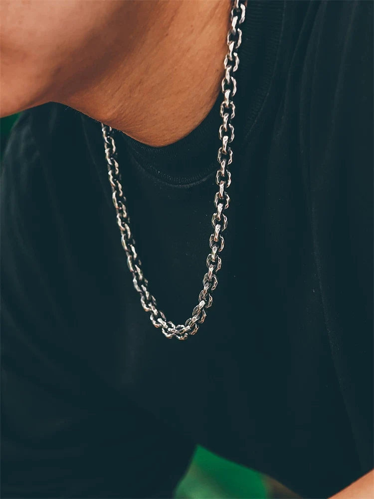 Heavy hammered silver biker necklace worn view