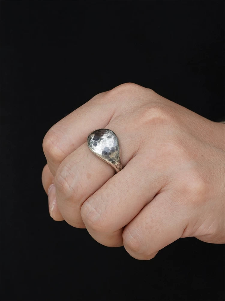 hammered oval signet 925 sterling silver biker ring — on-hand view