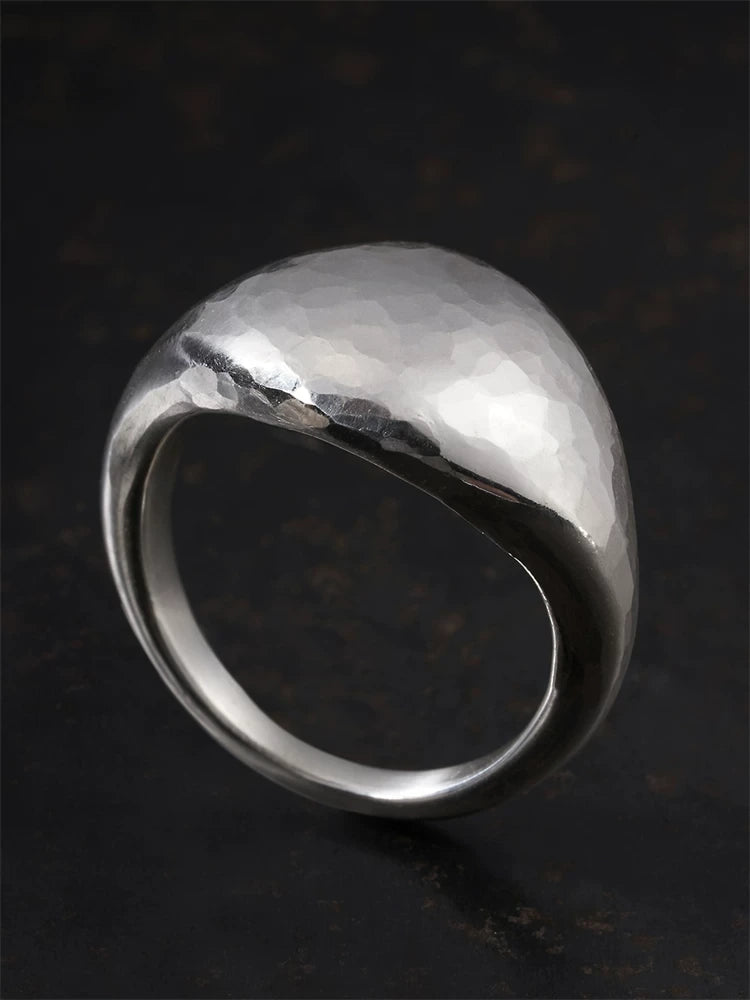 hammered oval signet 925 sterling silver biker ring — wearing view