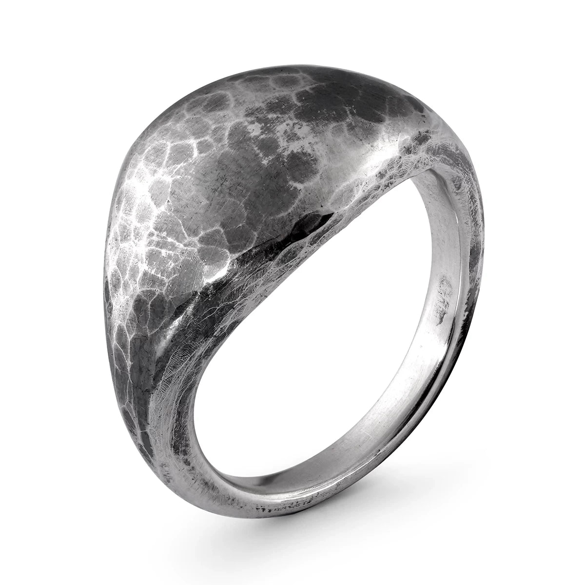 hammered oval signet 925 sterling silver biker ring — alternate finish view