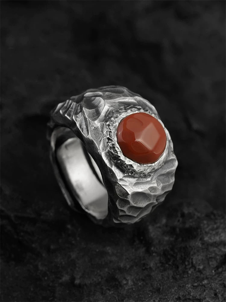 hammered red agate 925 sterling silver biker ring — front view