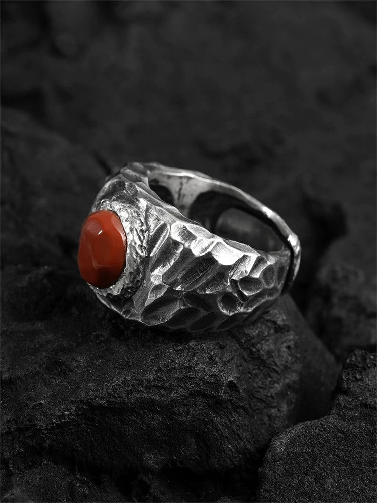 hammered red agate 925 sterling silver biker ring — side view