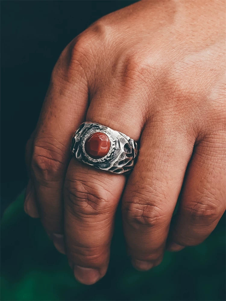 hammered red agate 925 sterling silver biker ring — on-hand view