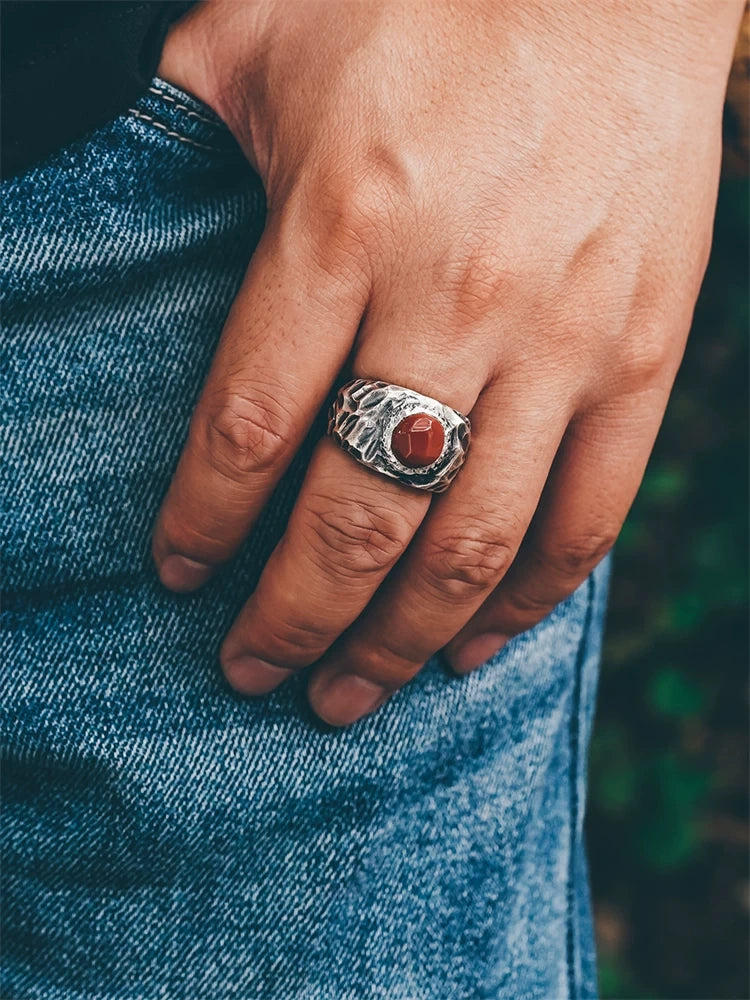 hammered red agate 925 sterling silver biker ring — wearing view