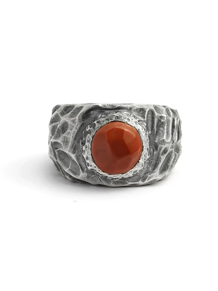hammered red agate 925 sterling silver biker ring — detail view