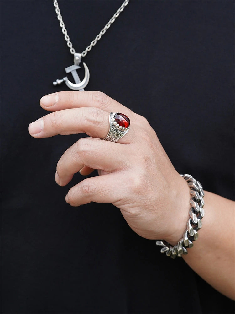 Hammered Red Gem 925 Sterling Silver Biker Ring product view 4