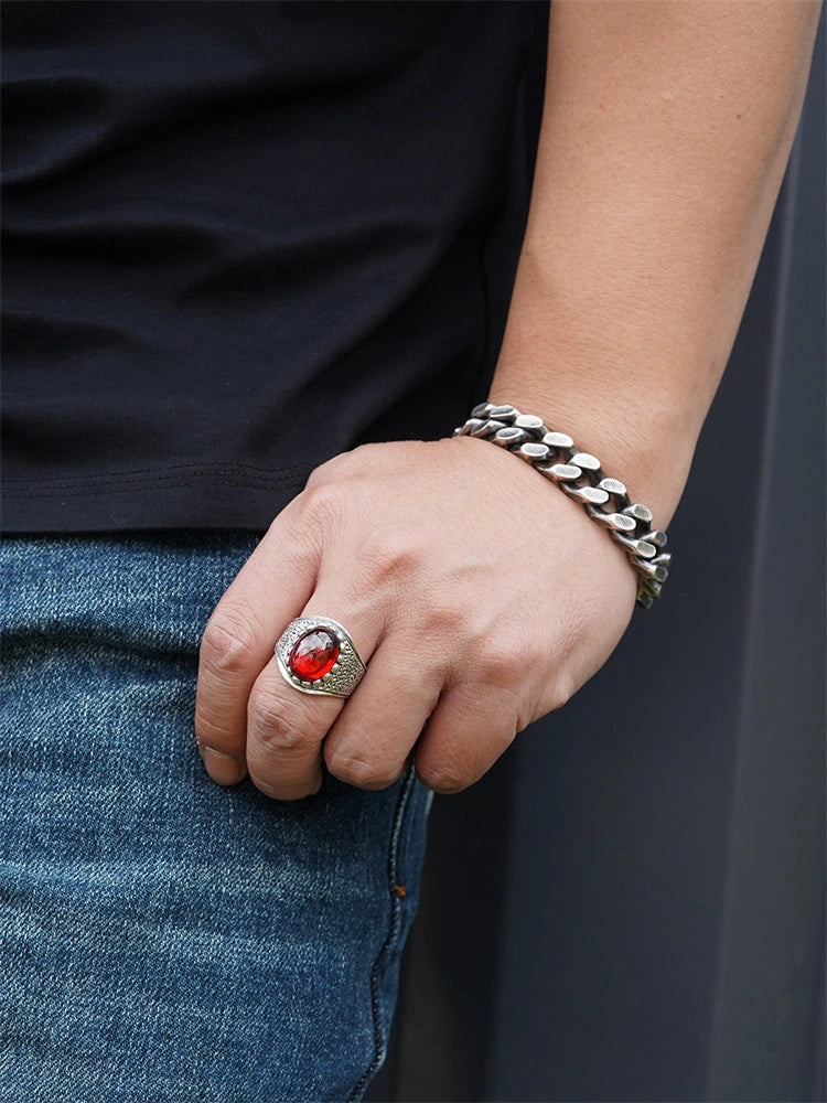 Hammered Red Gem 925 Sterling Silver Biker Ring product view 5