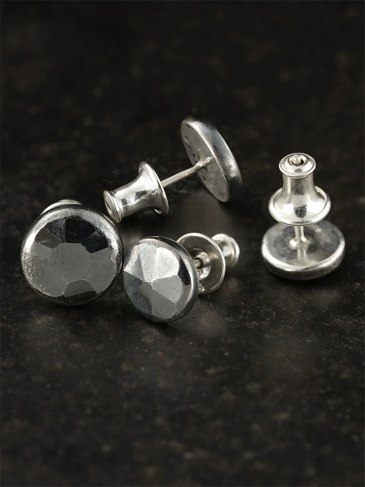 Hammered Round Sterling Silver Biker Stud Earring detail view 2