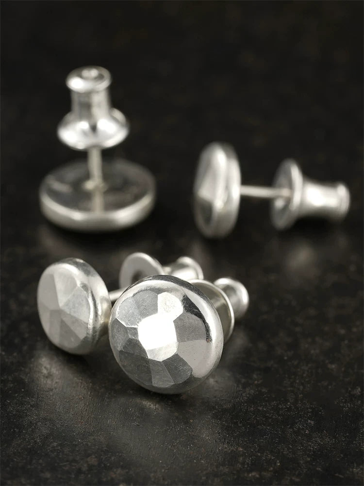 Hammered Round Sterling Silver Biker Stud Earring detail view 3