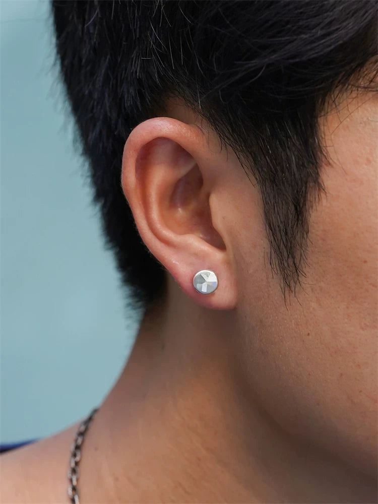 Hammered Round Sterling Silver Biker Stud Earring detail view 5