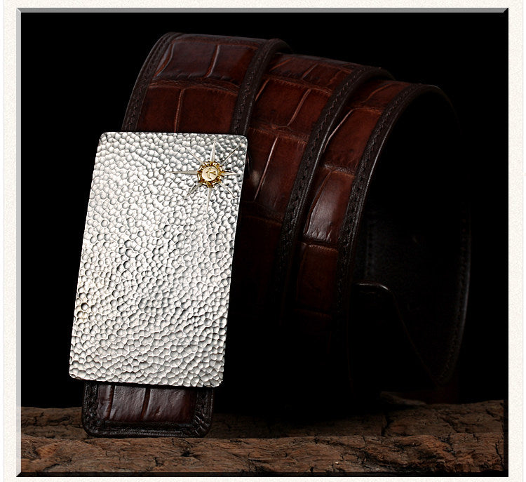 Hammered Silver Crocodile Leather Biker Belt — alternate product view 1