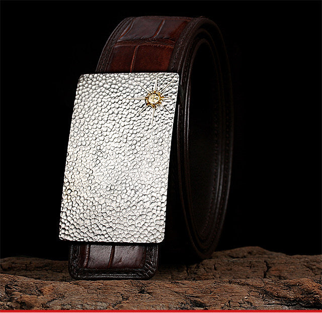 Hammered Silver Crocodile Leather Biker Belt — detail view 1