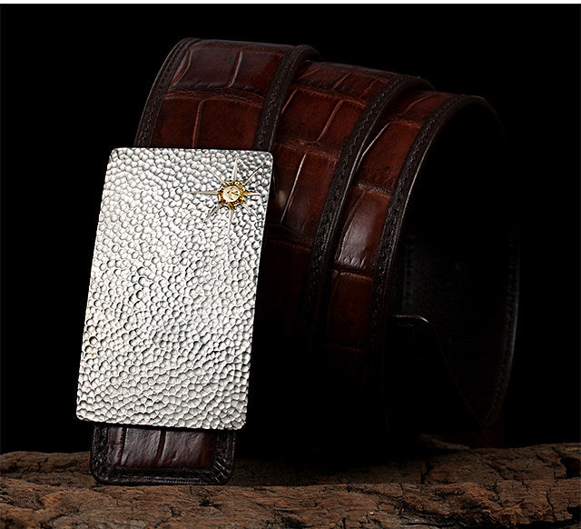 Hammered Silver Crocodile Leather Biker Belt — detail view 2