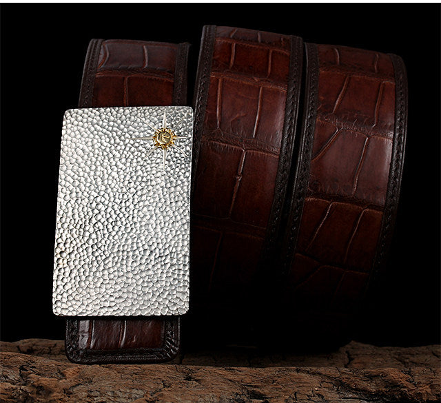 Hammered Silver Crocodile Leather Biker Belt — detail view 3