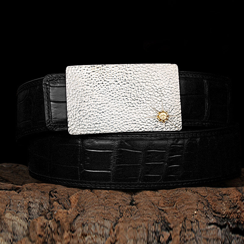 Hammered Silver Crocodile Leather Biker Belt — detail view 4