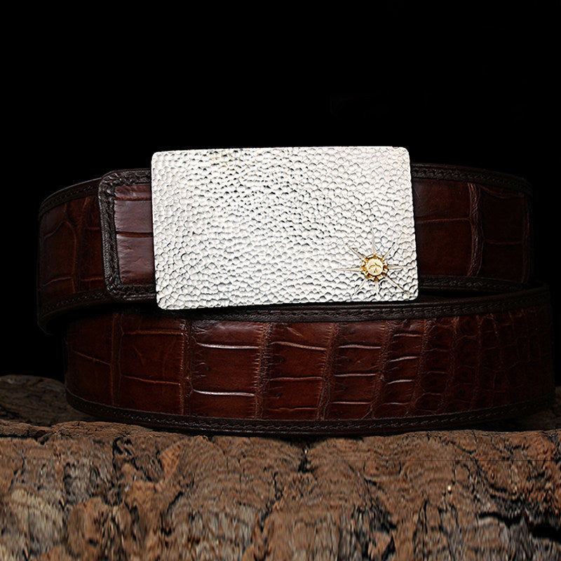 Hammered Silver Crocodile Leather Biker Belt — detail view 5