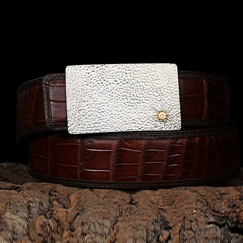 Hammered Silver Crocodile Leather Biker Belt detail view 1