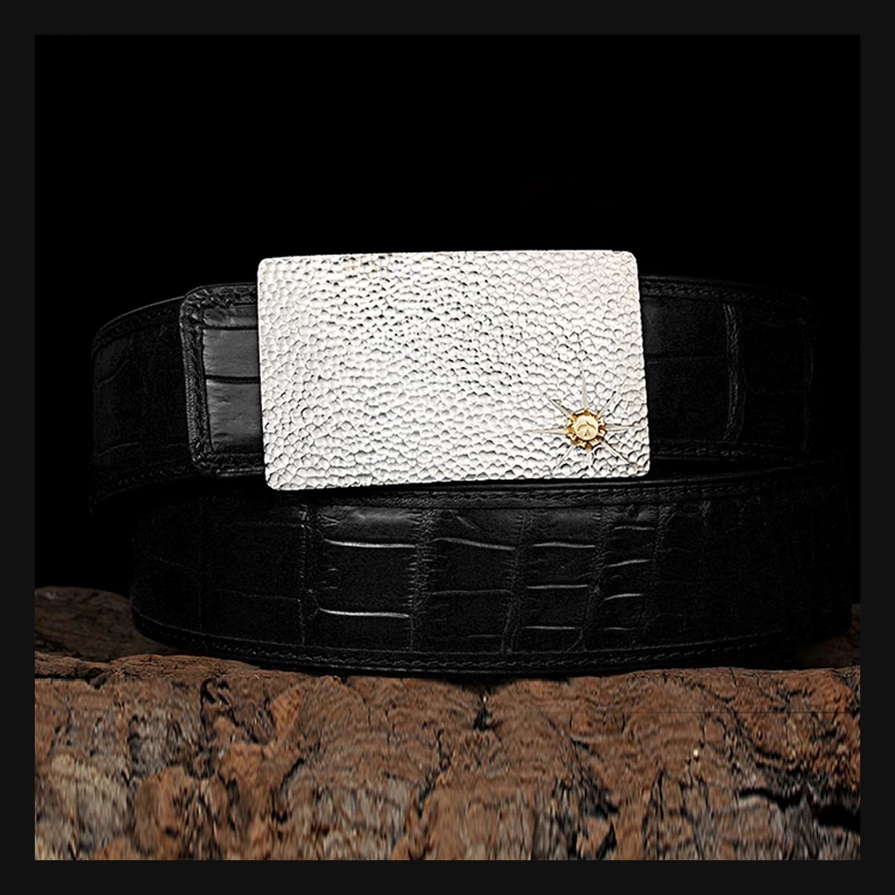 Hammered Silver Crocodile Leather Biker Belt product view