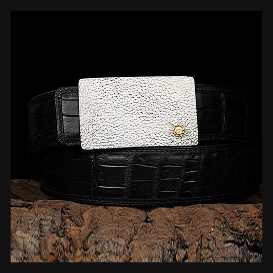 Hammered Silver Crocodile Leather Biker Belt product view