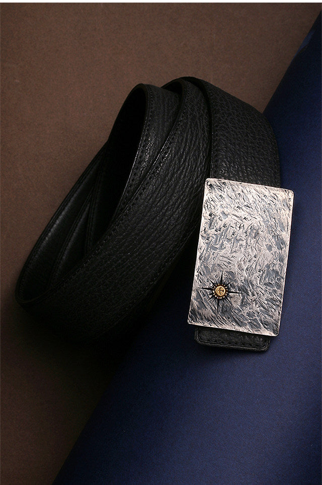 Hammered Silver Shark Leather Biker Belt — detail view 6