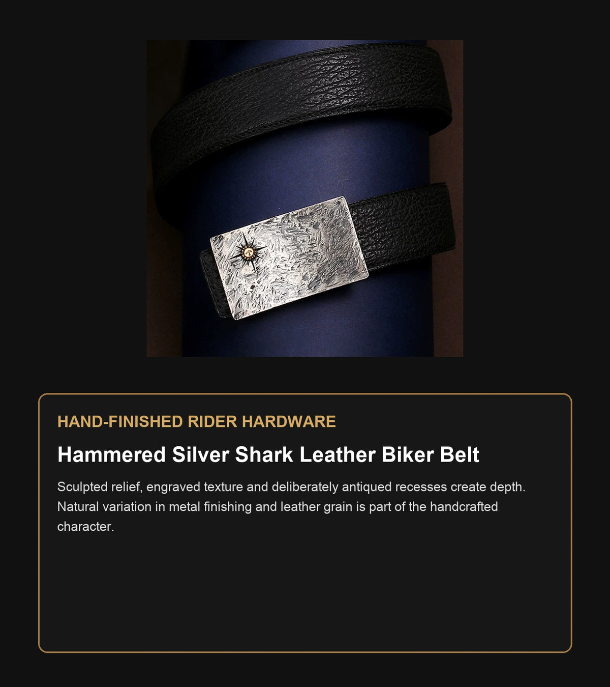 Hammered Silver Shark Leather Biker Belt craftsmanship guide in English