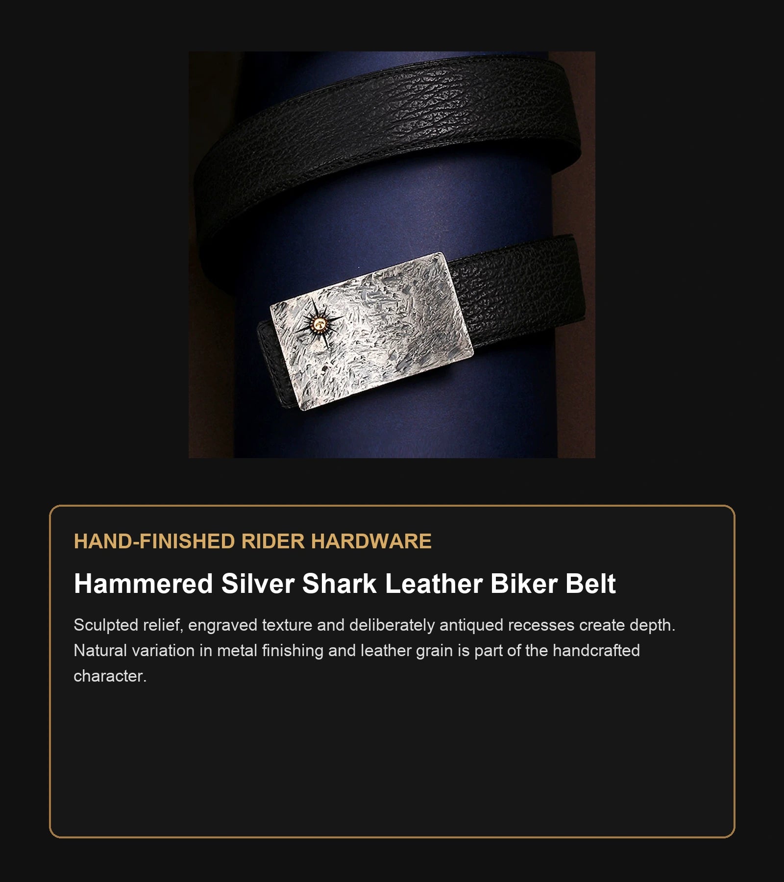 Hammered Silver Shark Leather Biker Belt craftsmanship guide in English