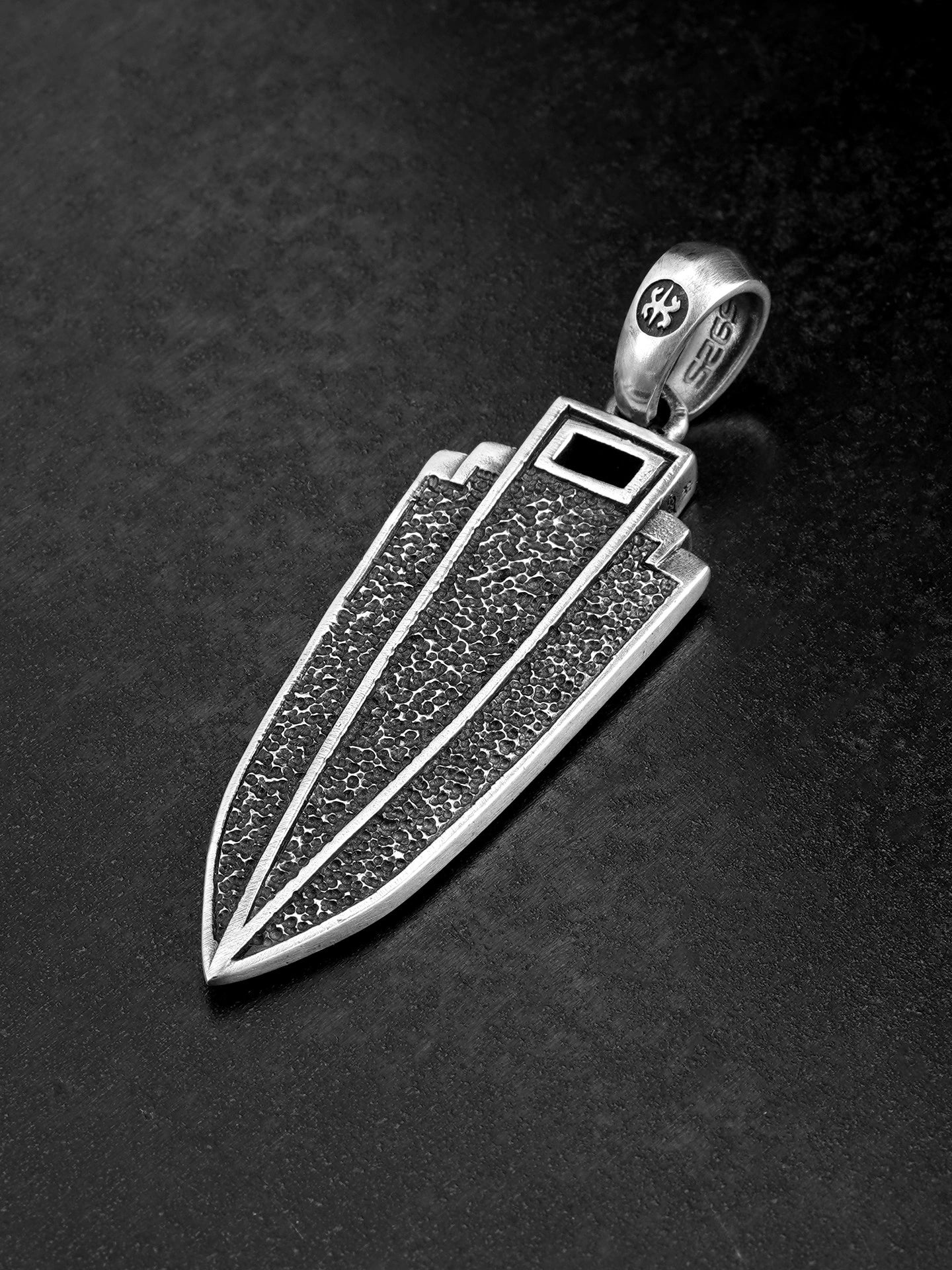 hammered spearhead sterling silver biker pendant product view 2