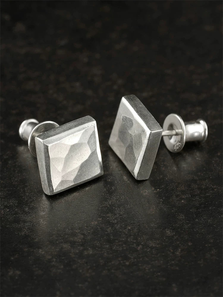 Hammered Square Sterling Silver Biker Stud Earring detail view 2
