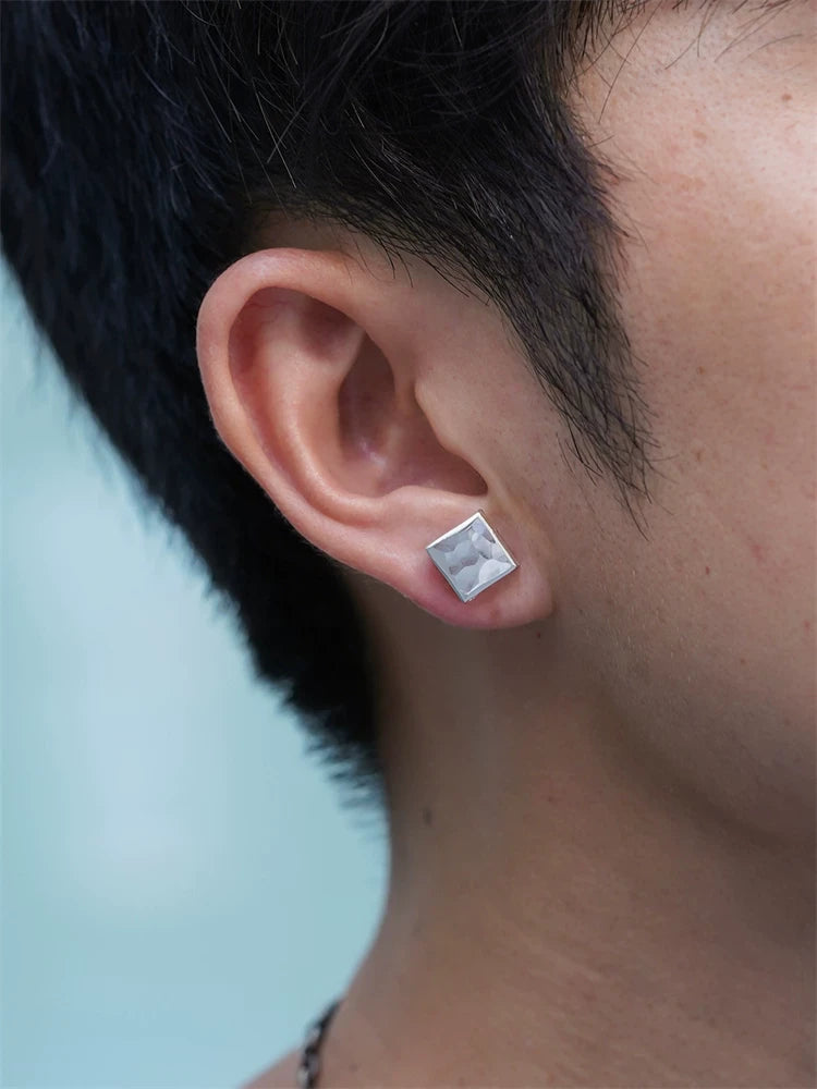 Hammered Square Sterling Silver Biker Stud Earring detail view 3