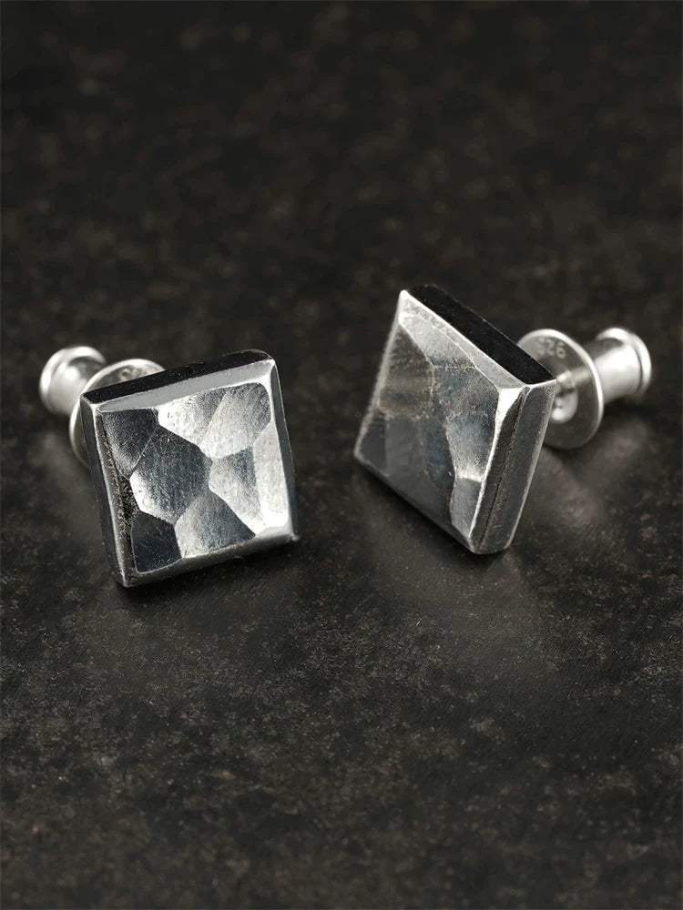 Hammered Square Sterling Silver Biker Stud Earring detail view 4