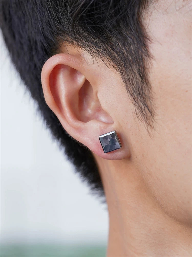 Hammered Square Sterling Silver Biker Stud Earring detail view 5
