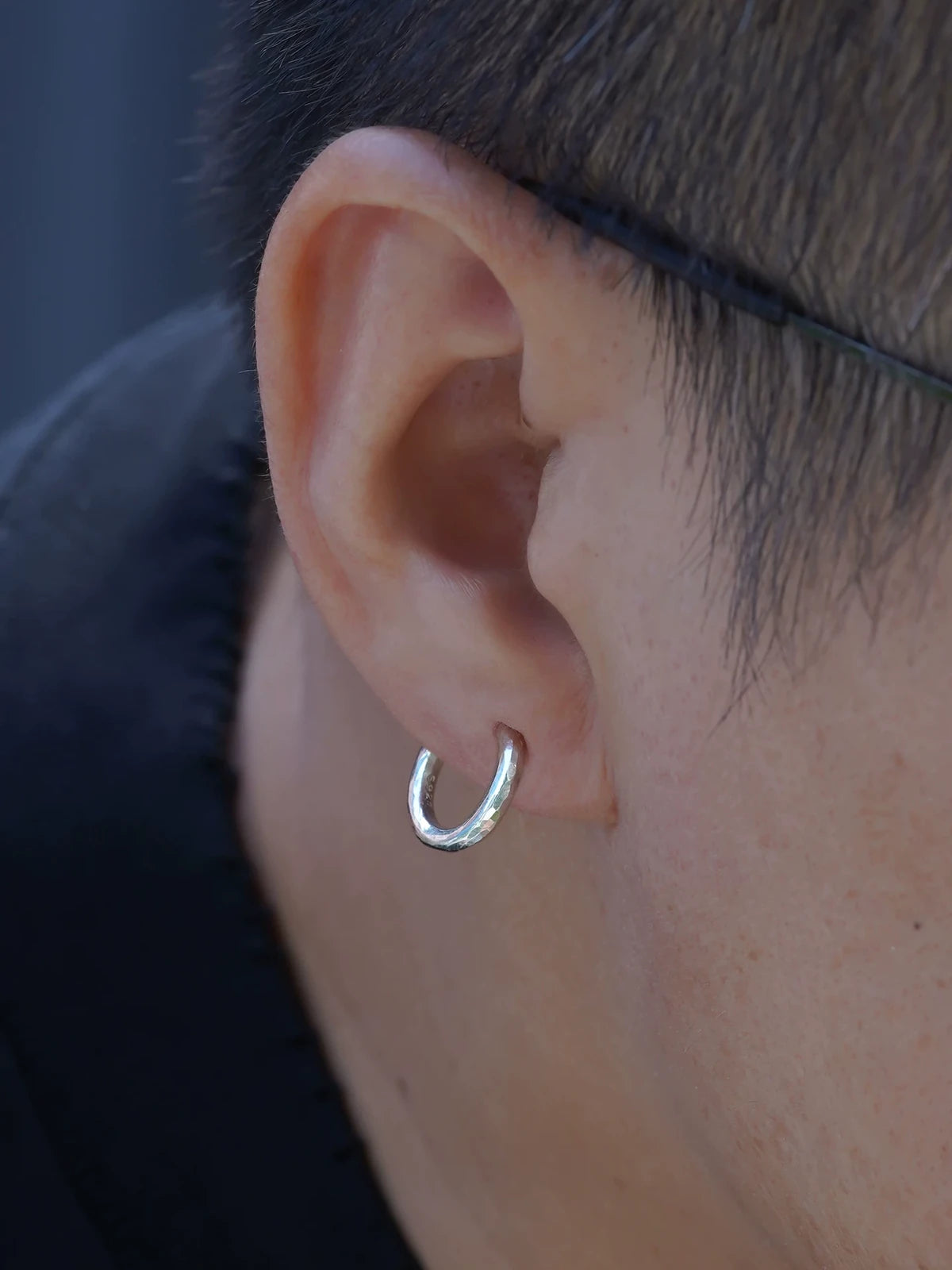 Hammered Sterling Silver Biker Hoop Earring detail view 5