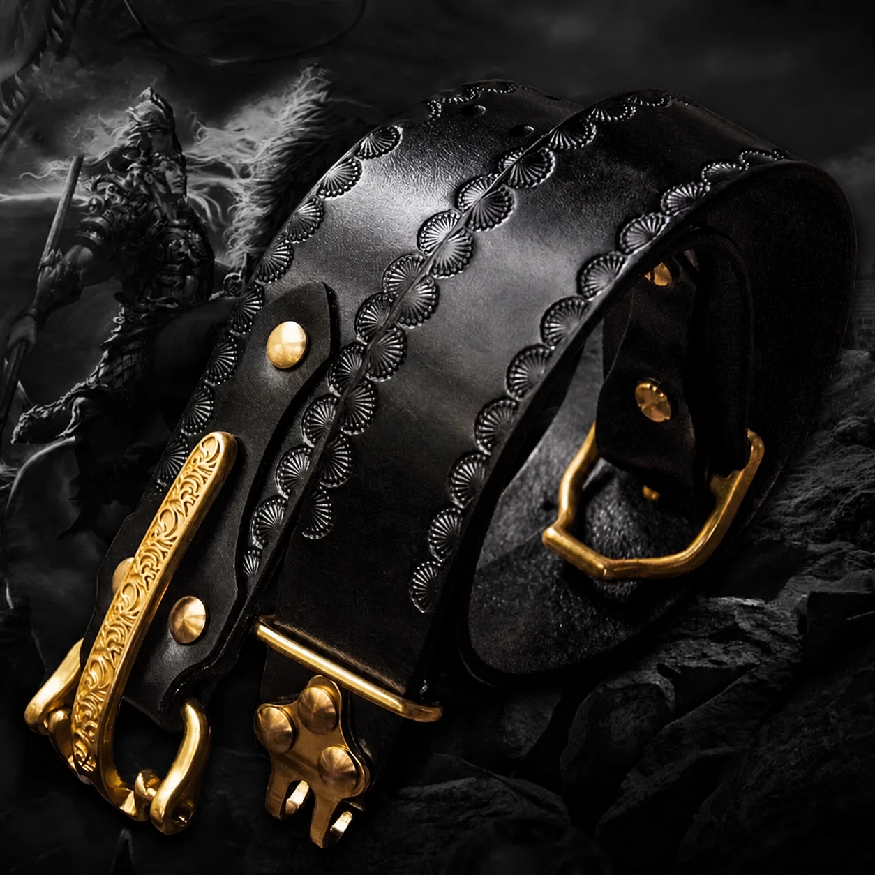 Hand-Carved Cavalry Brass Buckle Full-Grain Leather Biker Belt – Plain black product view