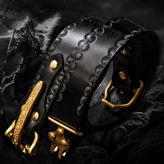 Hand-Carved Cavalry Brass Buckle Full-Grain Leather Biker Belt – Plain black product view