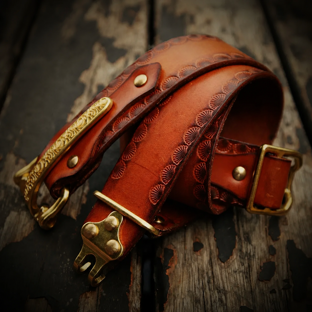 Hand-Carved Cavalry Brass Buckle Full-Grain Leather Biker Belt – Plain red brown product view