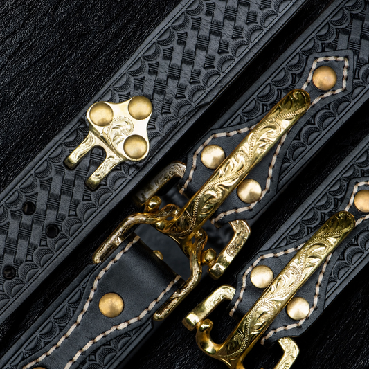 Hand-Carved Cavalry Brass Buckle Full-Grain Leather Biker Belt – Hand-carved black product view
