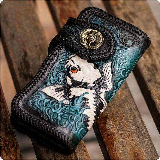 Hand-carved crane leather biker long wallet front view