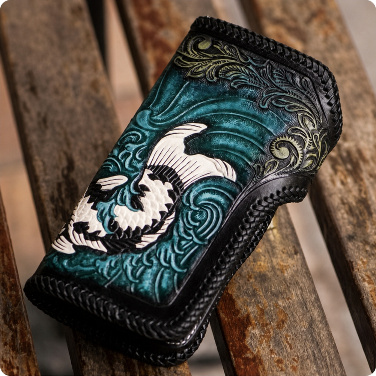 Hand-carved crane leather biker long wallet rear view