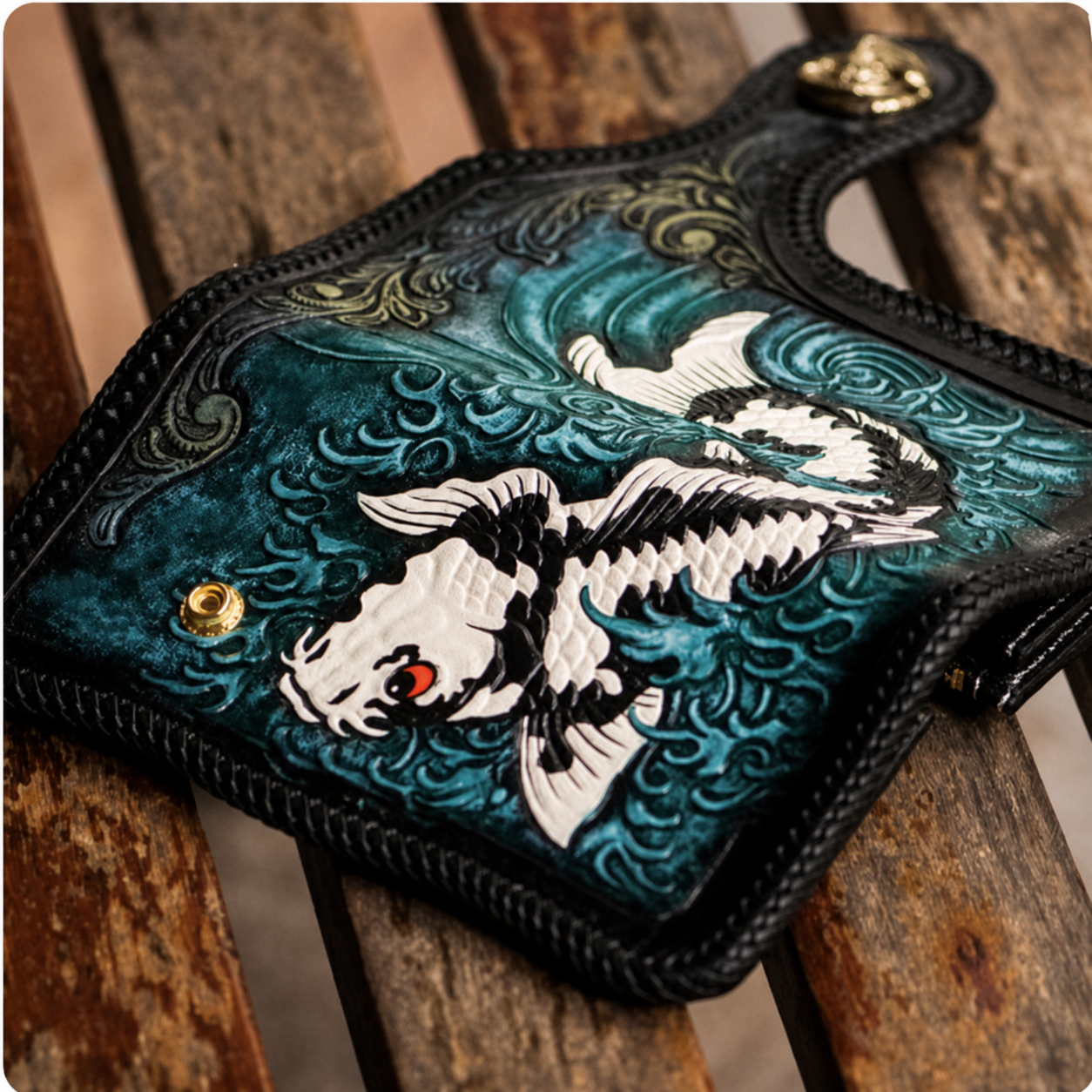 Hand-carved crane leather biker long wallet angled detail