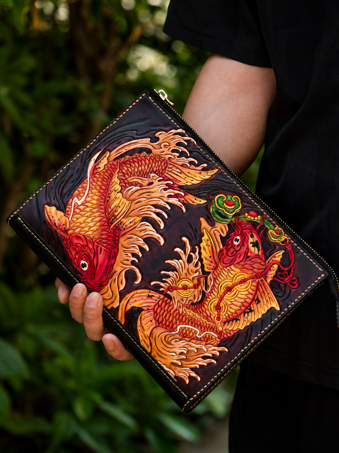 hand carved double koi leather wallet 1