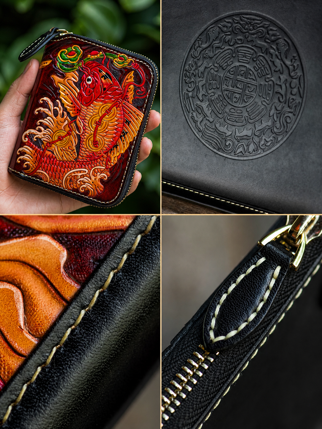 hand carved double koi leather wallet 3