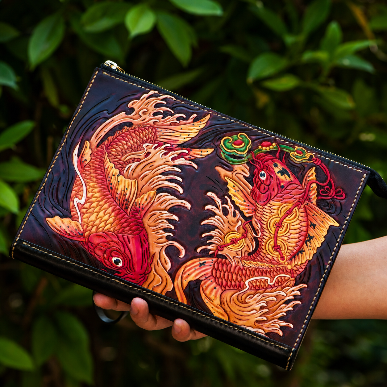 hand carved double koi leather wallet 4