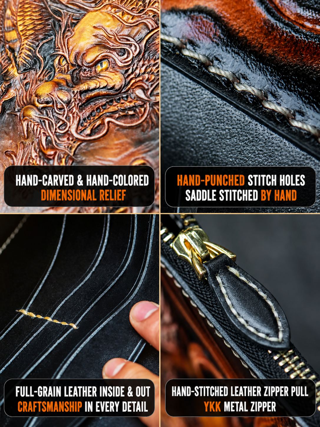 hand-carved leather wallet craftsmanship and construction details